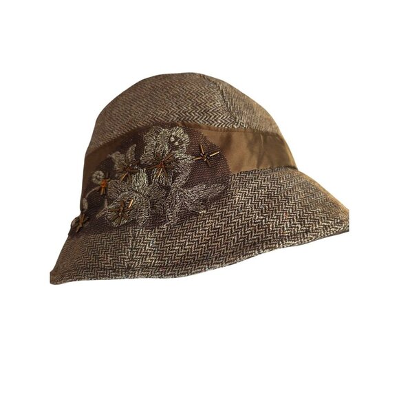 Nest Y2K Brown Wool Herringbone Cloche Bucket Hat Hand Embellished Silk Band - Picture 5 of 9